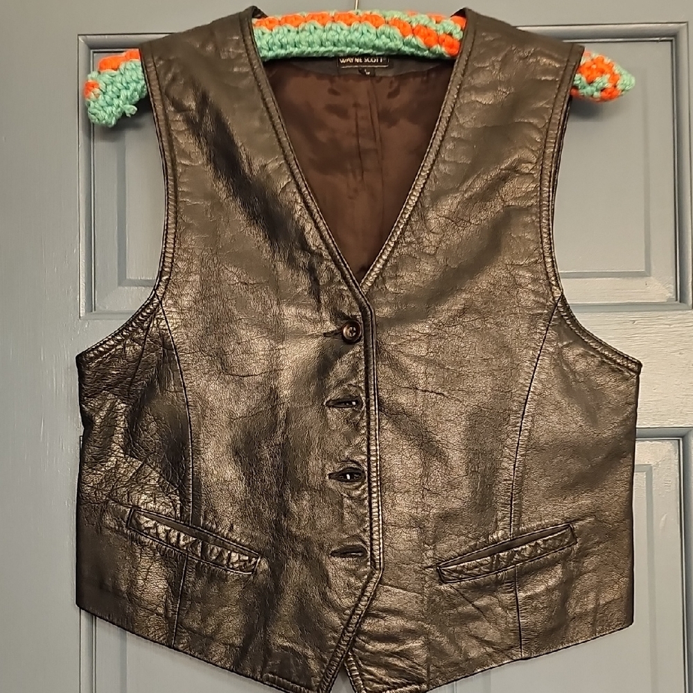 VINTAGE Motorcycle Vest Wayne Scott Brown Leather Large Men Harley Like